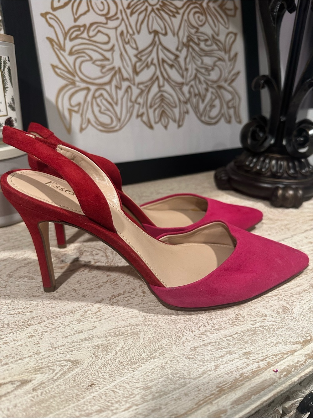 Essex Lane Two-Tone Pink and Red Suede Slingback Heels Size 8